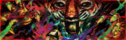 Psychedelic Hotline Miami 2: Wrong Number wallpaper of The Son — snarling neon tiger mask with swirling colors, fractured hands and an eyeball core, 2K Quad HD PC desktop background.