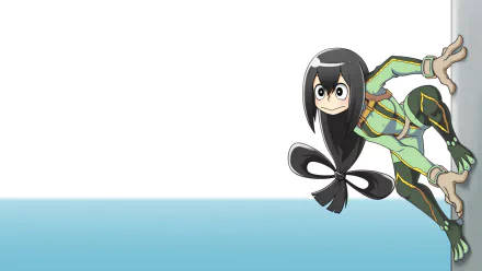 A high-definition wallpaper featuring Tsuyu Asui from My Hero Academia, showcasing her playful expression and unique outfit against a minimalist background.