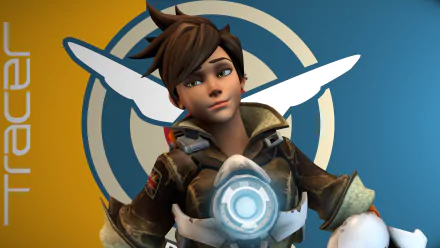 4K Ultra HD PC wallpaper: Tracer from the Overwatch video game in a pilot jacket with a glowing chronal device, posed before a blue-and-yellow Overwatch emblem.