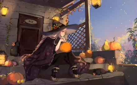 Anime-style Halloween scene of a girl in a witch costume sitting on a porch surrounded by glowing pumpkins, designed as an HD PC desktop wallpaper background.