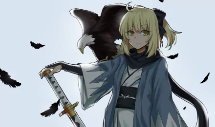HD wallpaper featuring Sakura Saber from Fate/KOHA-ACE, showcasing a character with striking blonde hair, a sword, and an eagle, surrounded by black feathers.