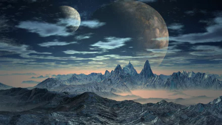 HD sci-fi landscape wallpaper of a rugged mountain range shrouded in winter fog under cloudy skies, with two large planets looming in the background.