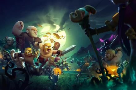 Halloween-themed Clash of Clans HD desktop wallpaper featuring iconic characters in a spooky night battle scene.