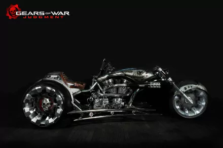 HD desktop wallpaper showcasing a custom chopper motorcycle from the video game Gears of War: Judgment against a dark background.