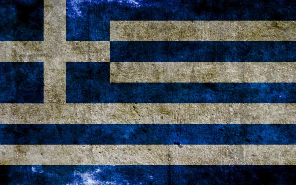 A textured HD desktop wallpaper featuring the flag of Greece with blue and white stripes and a cross, capturing the essence of Greek heritage and identity.