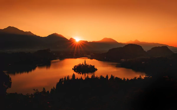 sunbeam lake sunset lake bled Slovenia twilight mountain religious Assumption of Mary Church HD Desktop Wallpaper | Background Image