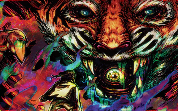 Psychedelic Hotline Miami 2: Wrong Number wallpaper of The Son — snarling neon tiger mask with swirling colors, fractured hands and an eyeball core, 2K Quad HD PC desktop background.