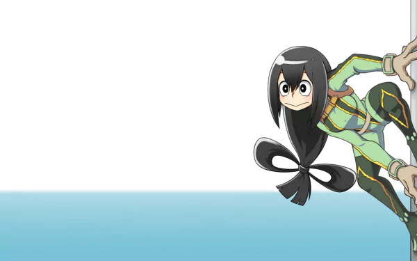 A high-definition wallpaper featuring Tsuyu Asui from My Hero Academia, showcasing her playful expression and unique outfit against a minimalist background.