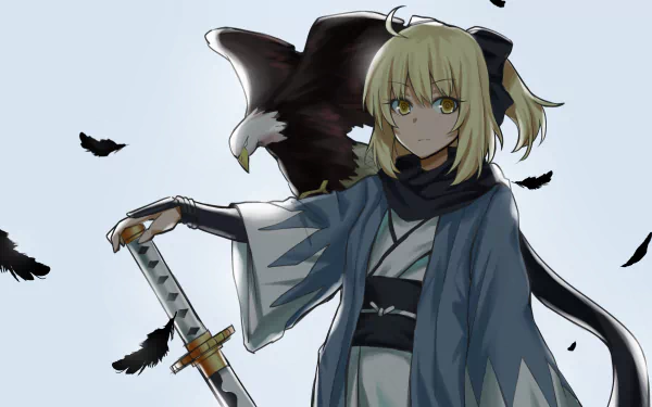 HD wallpaper featuring Sakura Saber from Fate/KOHA-ACE, showcasing a character with striking blonde hair, a sword, and an eagle, surrounded by black feathers.
