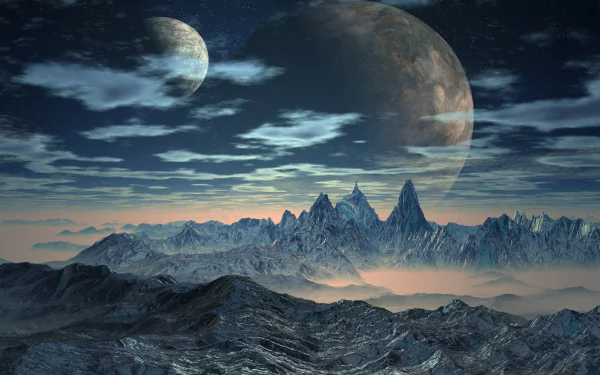 HD sci-fi landscape wallpaper of a rugged mountain range shrouded in winter fog under cloudy skies, with two large planets looming in the background.