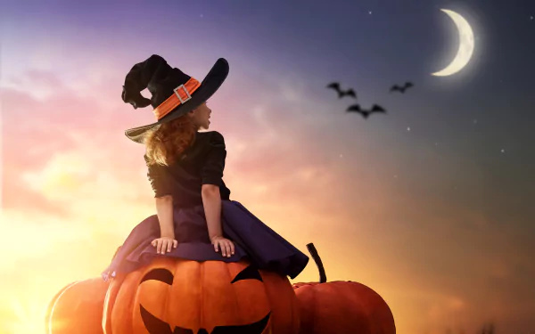 A child wearing a witch hat sits on a large pumpkin under a crescent moon with bats flying, captured in a 4K Ultra HD Halloween-themed desktop wallpaper.