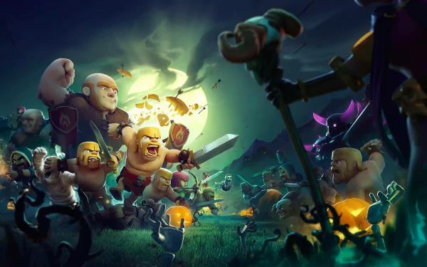 Halloween-themed Clash of Clans HD desktop wallpaper featuring iconic characters in a spooky night battle scene.