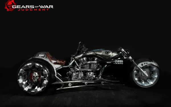 HD desktop wallpaper showcasing a custom chopper motorcycle from the video game Gears of War: Judgment against a dark background.