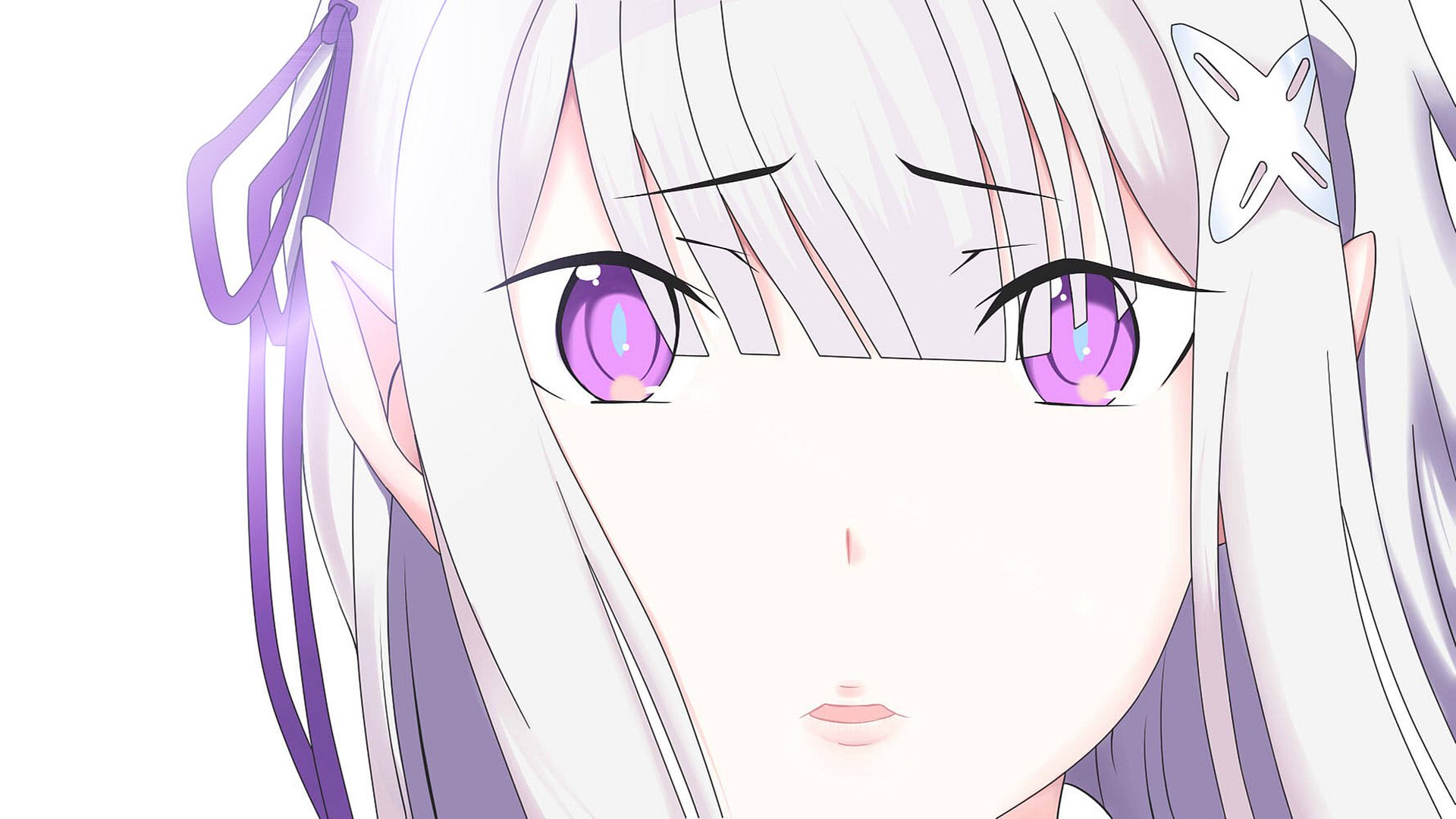 Close-up of Emilia from Re:ZERO - Starting Life in Another World, featuring her signature white hair and expressive purple eyes. An HD wallpaper capturing her emotional depth.