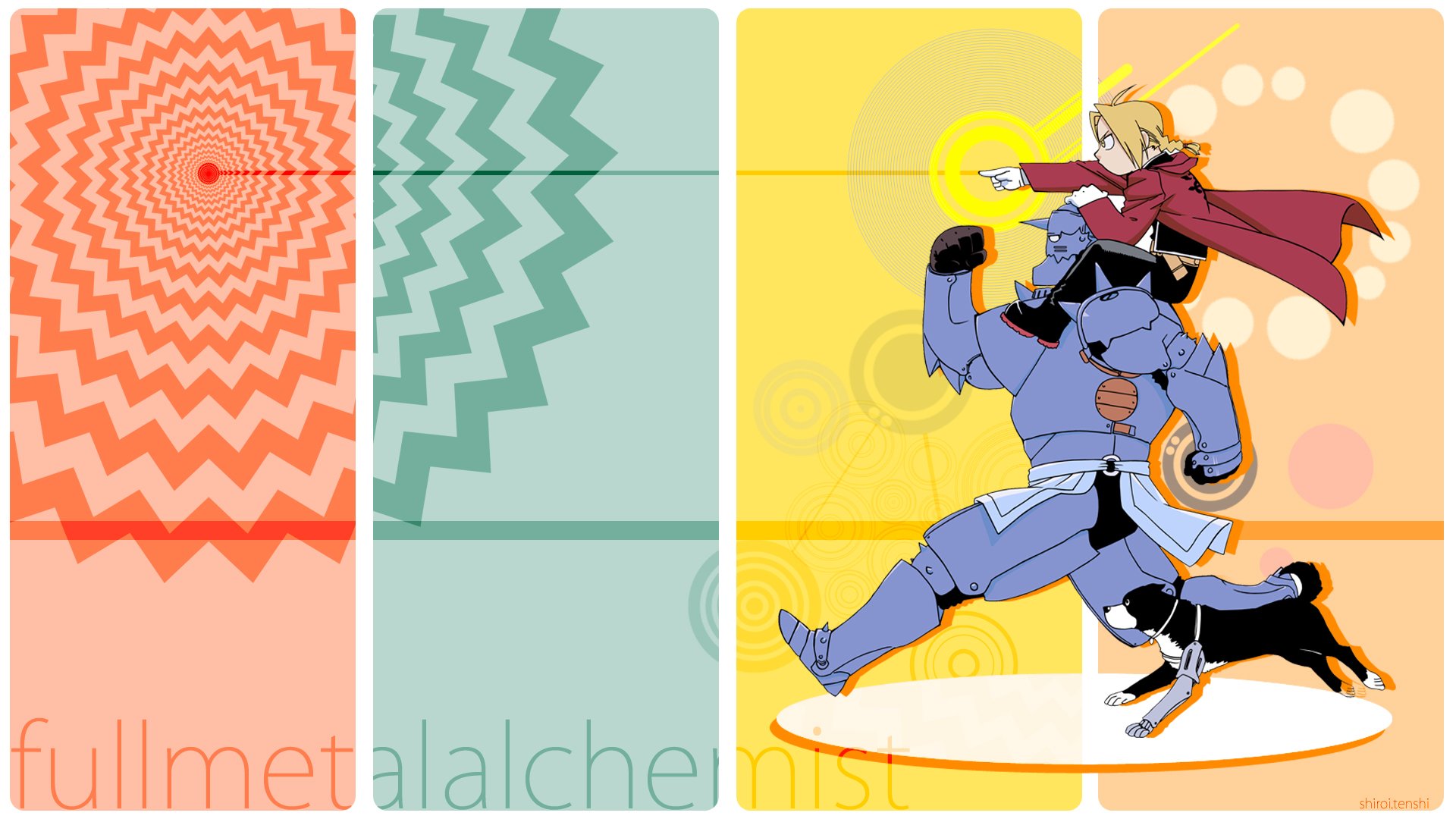 HD anime desktop wallpaper featuring Edward Elric and Alphonse Elric from Fullmetal Alchemist, with vibrant geometric backgrounds and dynamic poses.