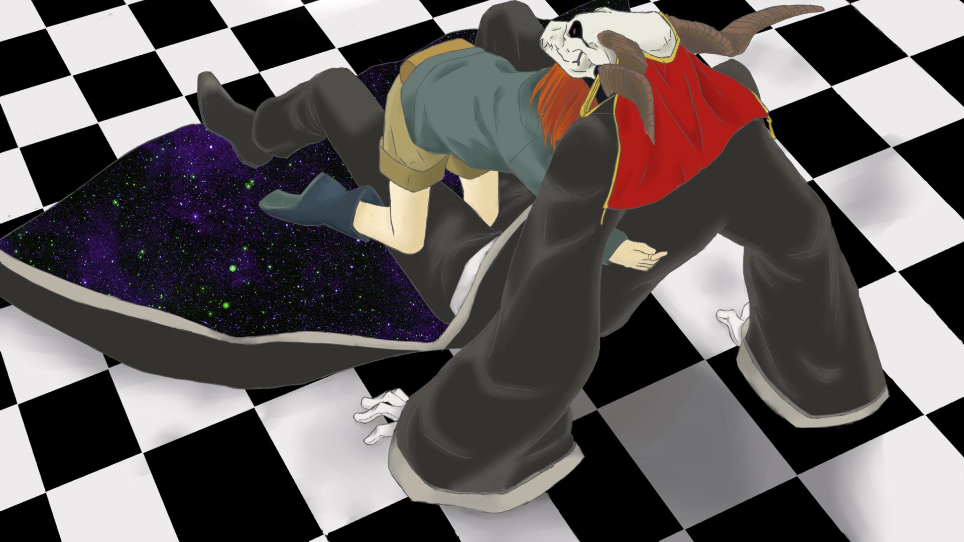 HD anime desktop wallpaper from The Ancient Magus' Bride featuring two characters on a black-and-white checkered floor, blending fantasy and surreal elements.