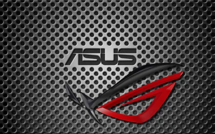 HD PC desktop wallpaper featuring the ASUS Republic of Gamers (ROG) logo on a textured metallic mesh background, highlighting advanced technology branding.