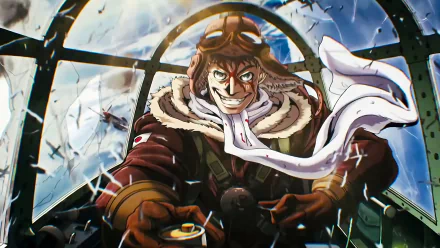 HD wallpaper featuring Naoshi Kanno's character from the anime Drifters, showcasing a pilot with a confident smile, surrounded by dynamic action in a vibrant sky.
