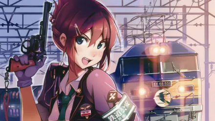 HD anime desktop wallpaper from Rail Wars! featuring a confident female character with a gun and a detailed train in the background during sunset.