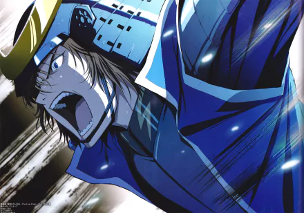 HD PC desktop wallpaper featuring a dynamic anime character from Sengoku Basara, depicted in intense action with bold blue and black tones.