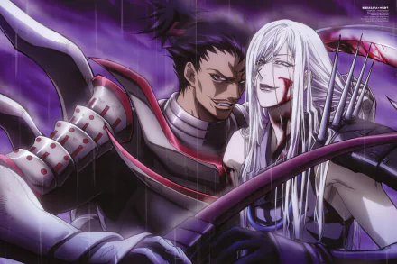 Anime Sengoku Basara 2K Quad HD PC desktop wallpaper: armored dark warrior grips a pale long-white-haired figure pierced by arrows, blood and rain swirling under a violet storm.