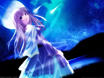 A captivating anime-themed HD wallpaper from Club Maniax, featuring a serene figure gazing towards a starry night sky filled with vibrant blues and glowing celestial elements.