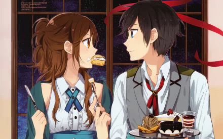 A captivating HD desktop wallpaper featuring characters from Hori-san To Miyamura-kun, sharing a sweet moment with desserts, framed by a night sky backdrop.