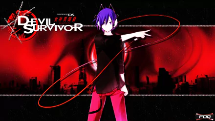 HD PC desktop wallpaper featuring a character from the video game Shin Megami Tensei: Devil Survivor with a red and black cityscape background.