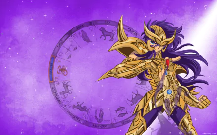 HD anime desktop wallpaper featuring a Saint Seiya character in golden armor with a glowing zodiac circle in the purple cosmic background.