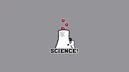 HD desktop wallpaper featuring a playful ninja embracing a nuclear cooling tower with hearts, blending science and humor in a fun, minimalist design.