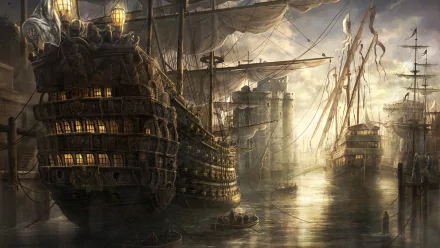 HD desktop wallpaper from the video game Empire: Total War, depicting a grand ship docked in a detailed, atmospheric harbor with ships in the background.