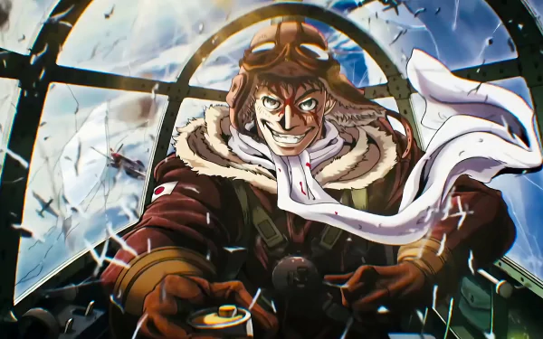 HD wallpaper featuring Naoshi Kanno's character from the anime Drifters, showcasing a pilot with a confident smile, surrounded by dynamic action in a vibrant sky.