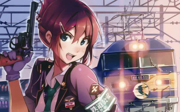 HD anime desktop wallpaper from Rail Wars! featuring a confident female character with a gun and a detailed train in the background during sunset.