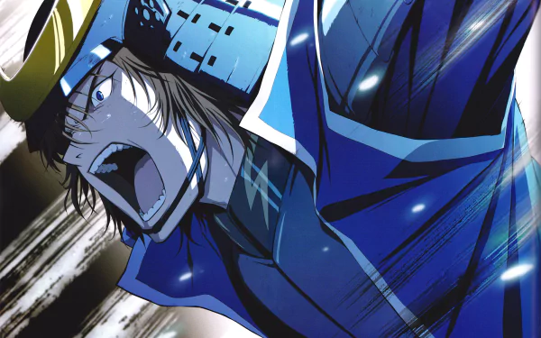 HD PC desktop wallpaper featuring a dynamic anime character from Sengoku Basara, depicted in intense action with bold blue and black tones.