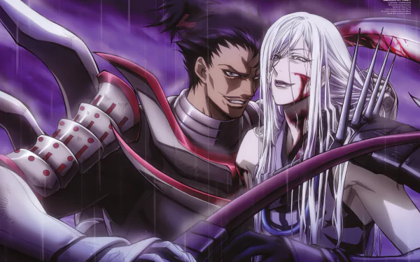 Anime Sengoku Basara 2K Quad HD PC desktop wallpaper: armored dark warrior grips a pale long-white-haired figure pierced by arrows, blood and rain swirling under a violet storm.