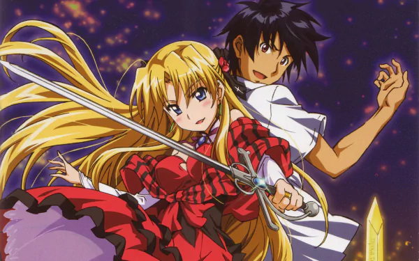 HD anime wallpaper featuring Godou Kusanagi and Erica Blandelli from Campione!, showcasing dynamic poses and vibrant colors.