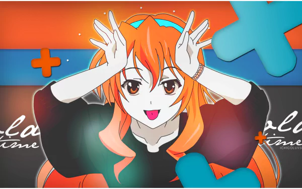 HD desktop wallpaper and background featuring an anime character from Golden Time with vibrant orange hair and playful expression against a colorful backdrop.