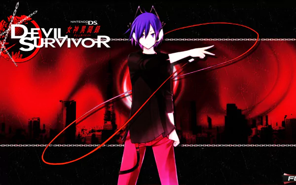 HD PC desktop wallpaper featuring a character from the video game Shin Megami Tensei: Devil Survivor with a red and black cityscape background.