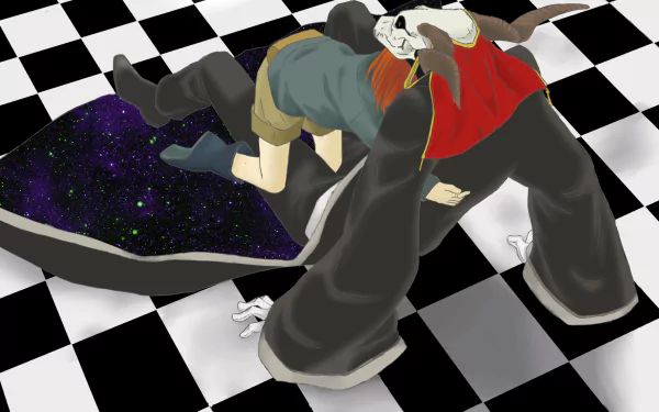 HD anime desktop wallpaper from The Ancient Magus' Bride featuring two characters on a black-and-white checkered floor, blending fantasy and surreal elements.
