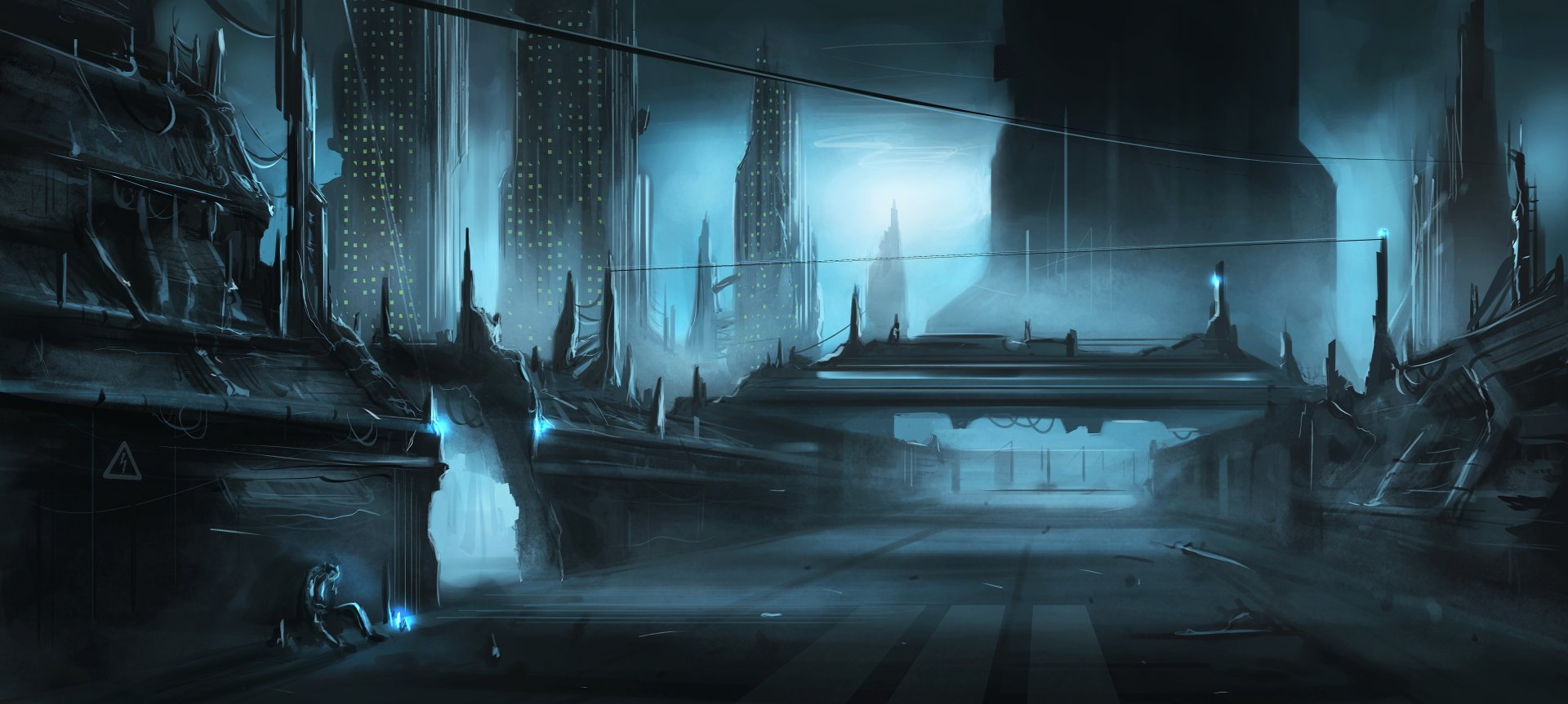 A 4K Ultra HD sci-fi cityscape at night, featuring towering futuristic buildings shrouded in mist and illuminated by cool blue lights.