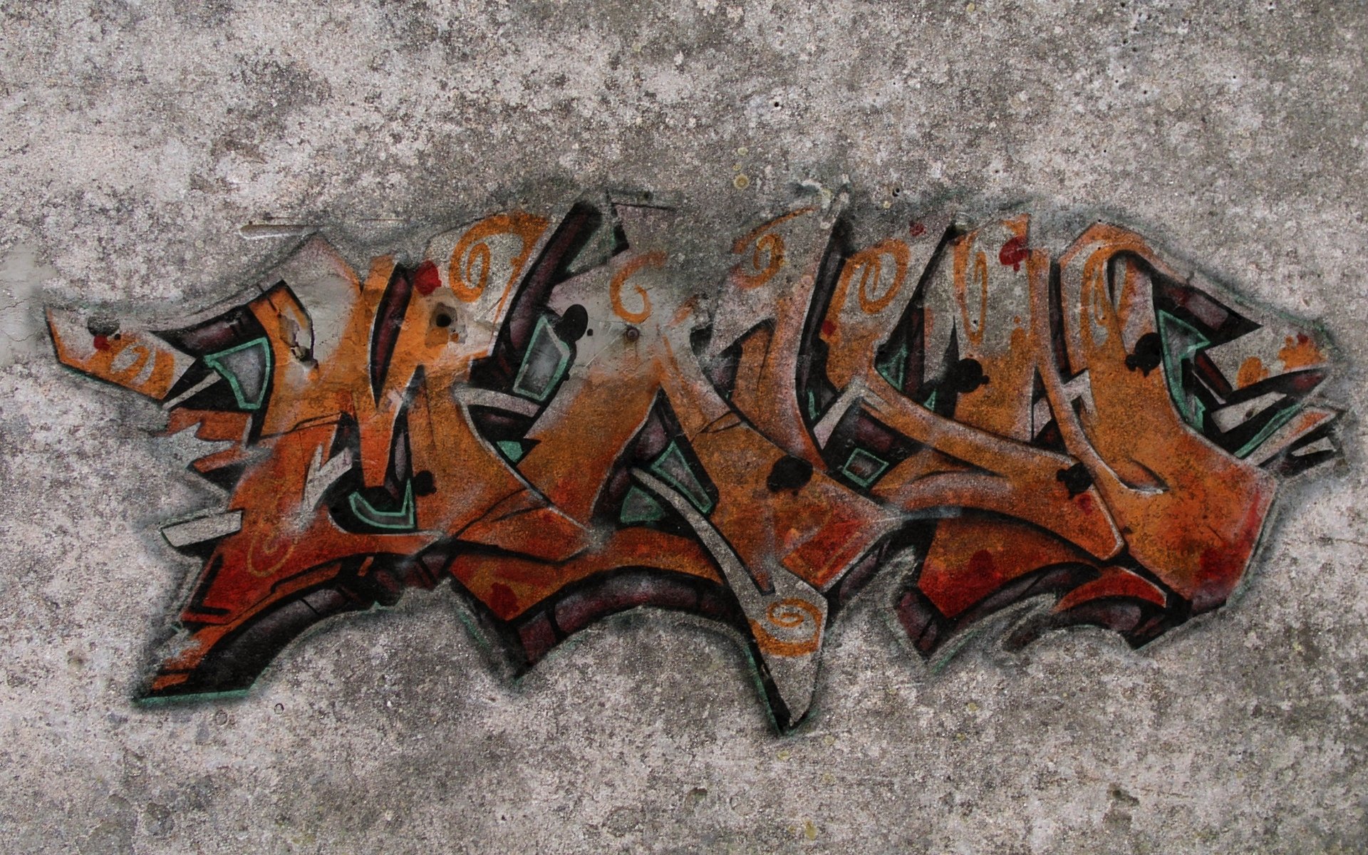 A vibrant graffiti art piece with intricate lettering in shades of orange and brown against a textured gray background, designed as an HD PC desktop wallpaper.