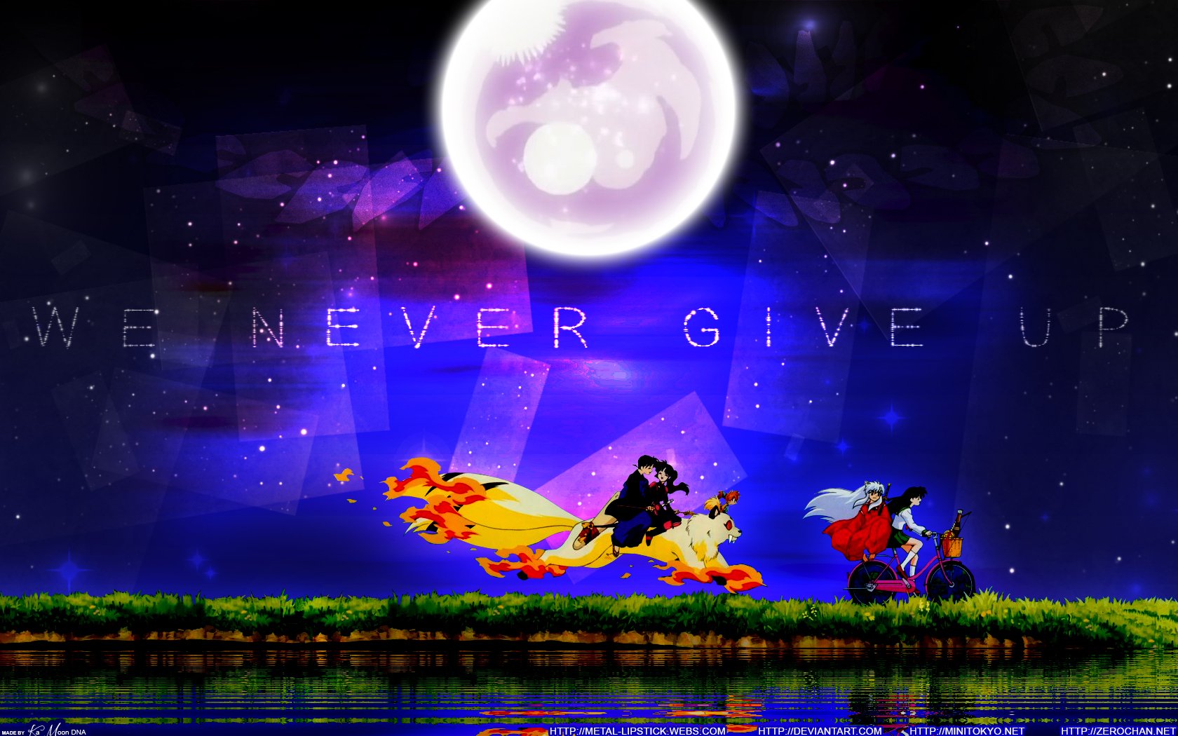 A vibrant HD desktop wallpaper featuring InuYasha and friends against a mystical backdrop, with a large moon and the text WE NEVER GIVE UP prominently displayed.