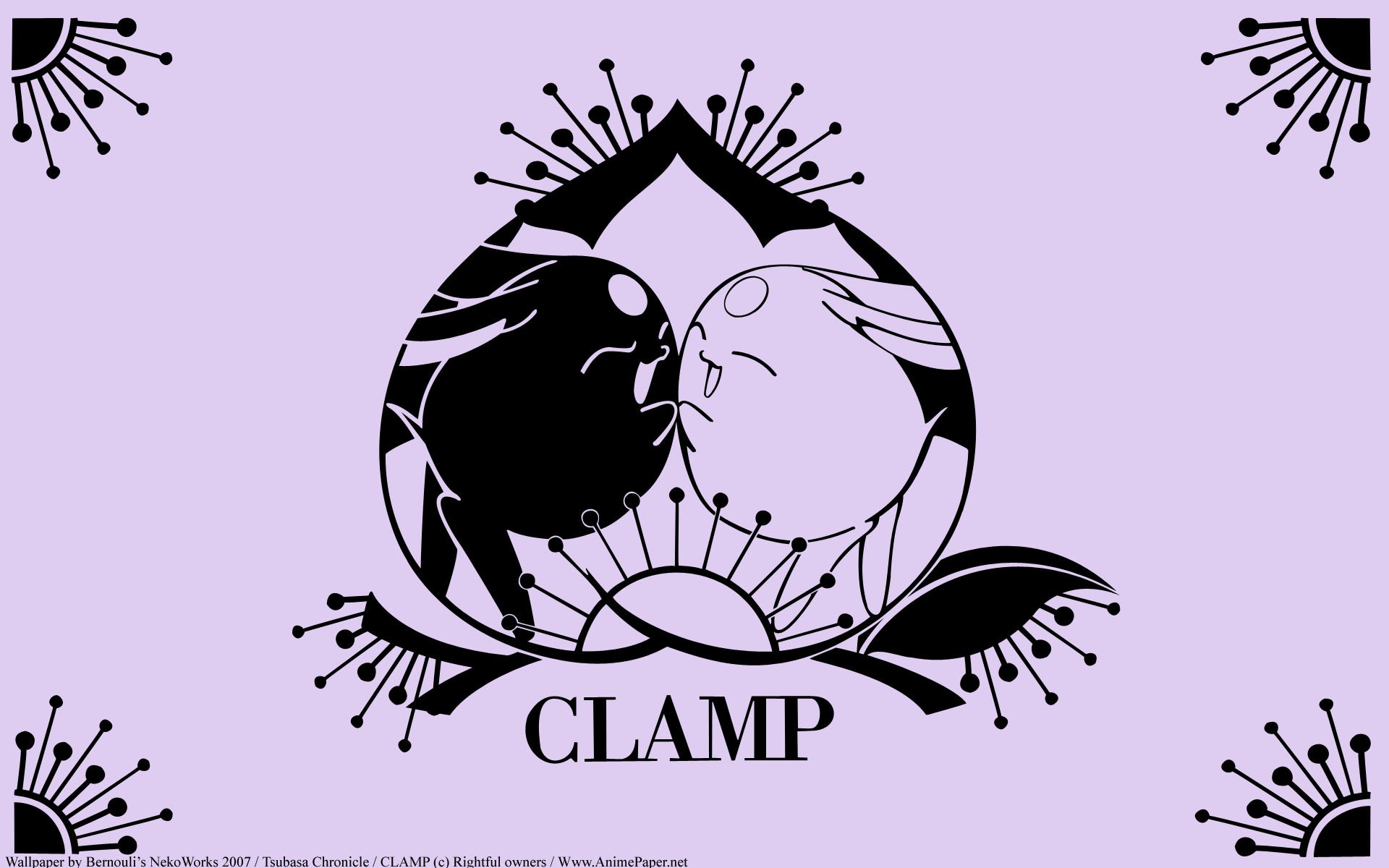 HD PC desktop wallpaper of Tsubasa: Reservoir Chronicle by CLAMP — black-and-white circular motif of two faces touching amid floral ornaments on a lavender background with corner motifs.