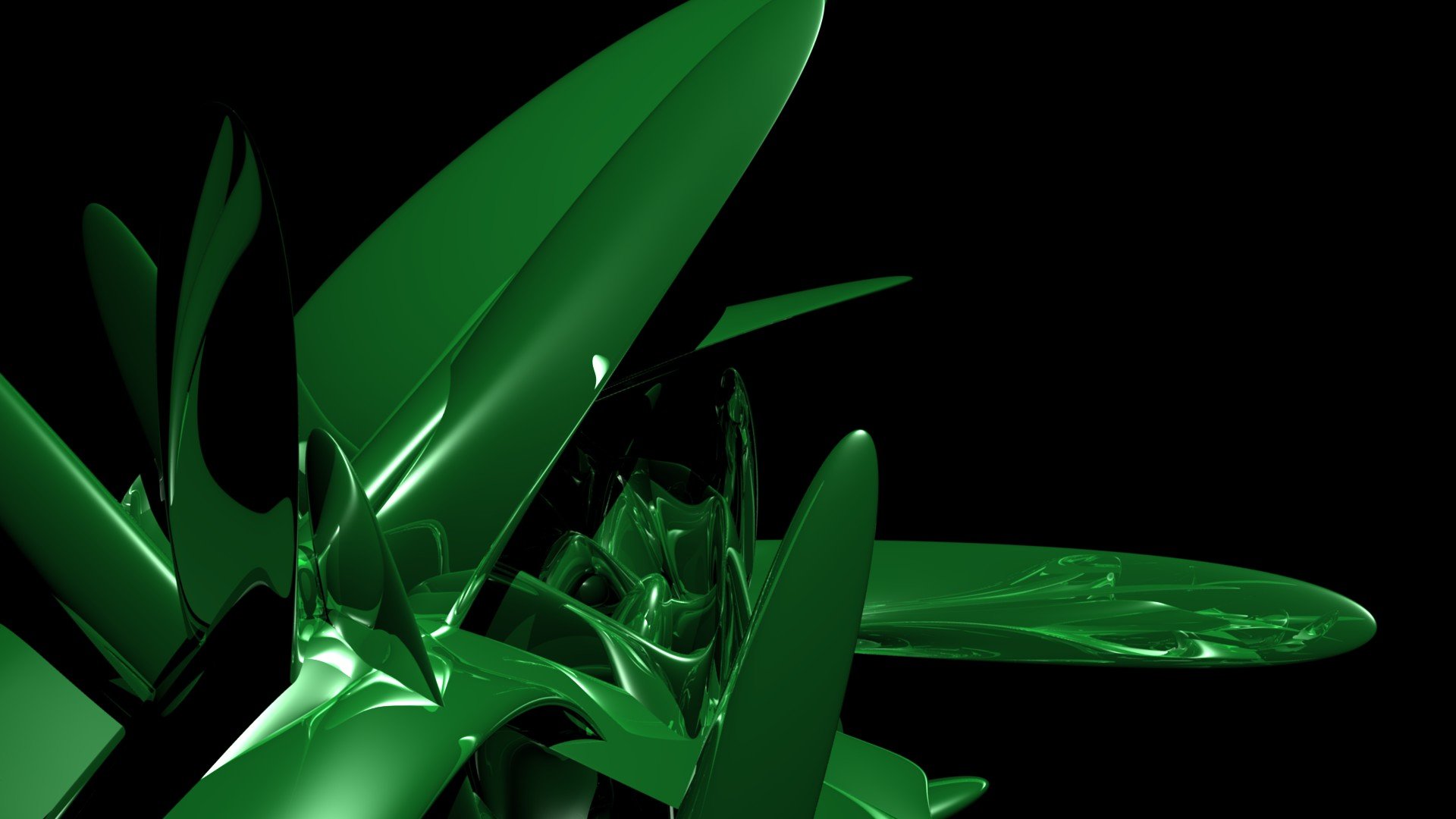 Artistic abstract design with glossy, green, leaf-like shapes against a black background, created as an HD PC desktop wallpaper and background.