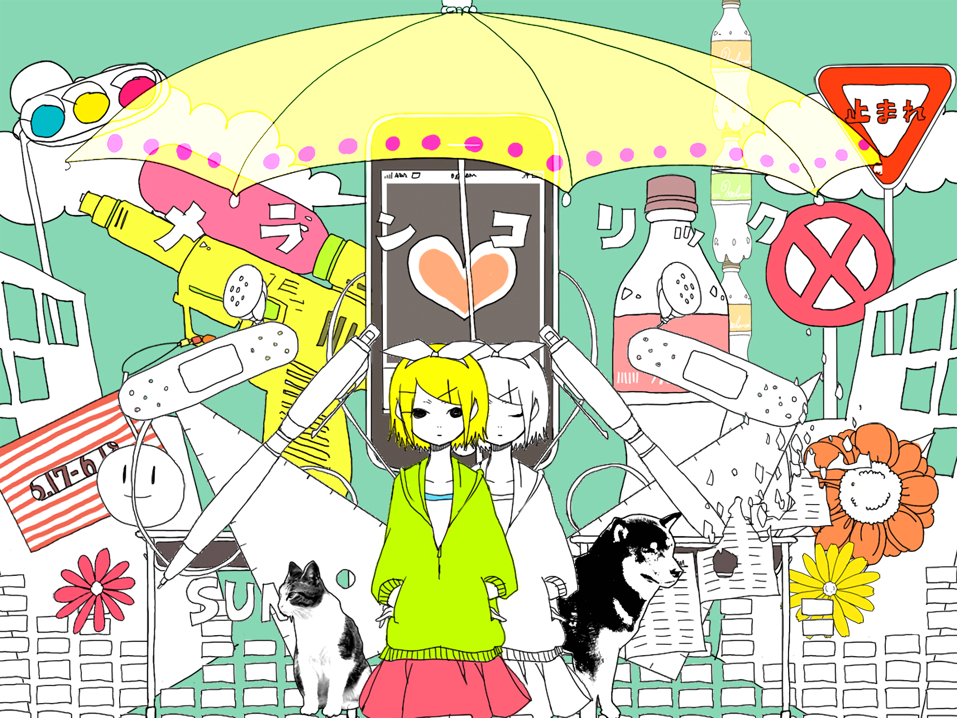 HD PC desktop wallpaper/background of Rin Kagamine (Vocaloid anime) standing under a yellow umbrella amid a colorful collage of signs, bandages, flowers and playful animals.