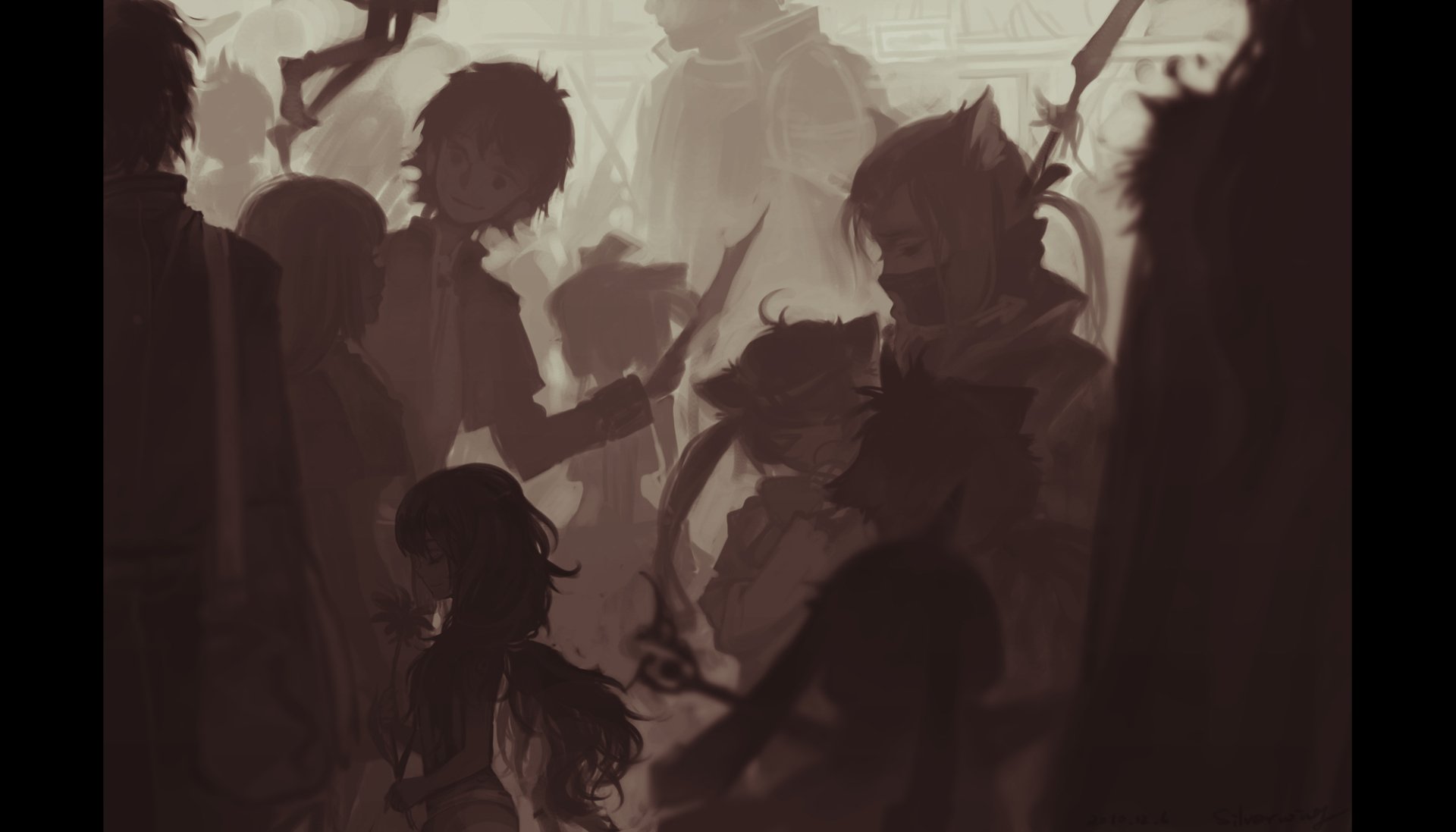 HD anime-style original artwork featuring shadowy, indistinct characters in a dynamic and mysterious composition, designed as a PC desktop wallpaper and background.