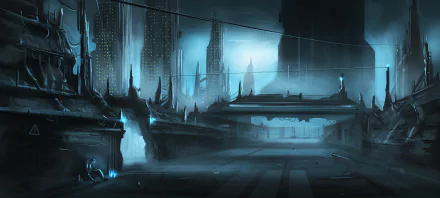 A 4K Ultra HD sci-fi cityscape at night, featuring towering futuristic buildings shrouded in mist and illuminated by cool blue lights.