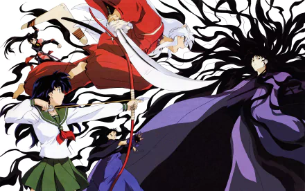 A dynamic HD desktop wallpaper featuring InuYasha and other characters from the anime, showcasing intense action and vibrant art with swirling, dramatic hair and striking poses.