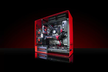 A high-tech AMD-powered PC with glowing red and black interior components, showcased as a 4K Ultra HD desktop wallpaper highlighting advanced computer technology.