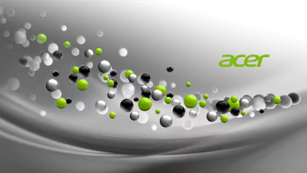 HD PC desktop wallpaper featuring floating green, black, and white spheres against a sleek gray background with the Acer logo, showcasing computer technology.